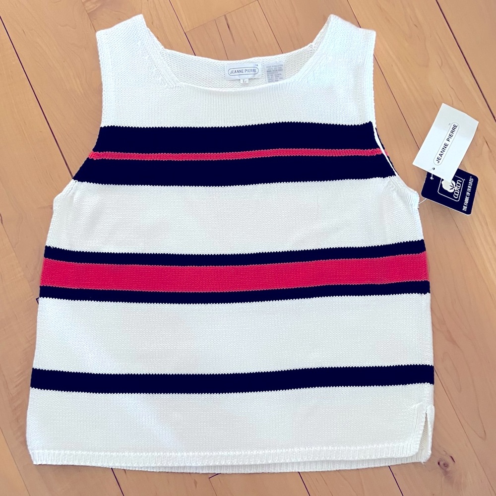 Jeanne Pierre sleeveless sweater White w/ Hot Pink & Black Stripes Sz L EUC